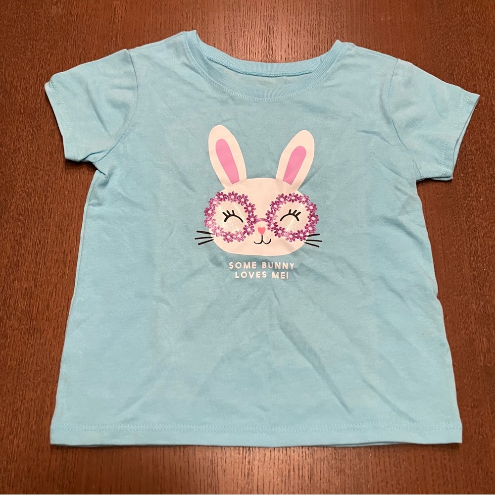 Blue Glitter Flower Glasses Easter Bunny Graphic Kids T-Shirt Loves Me
